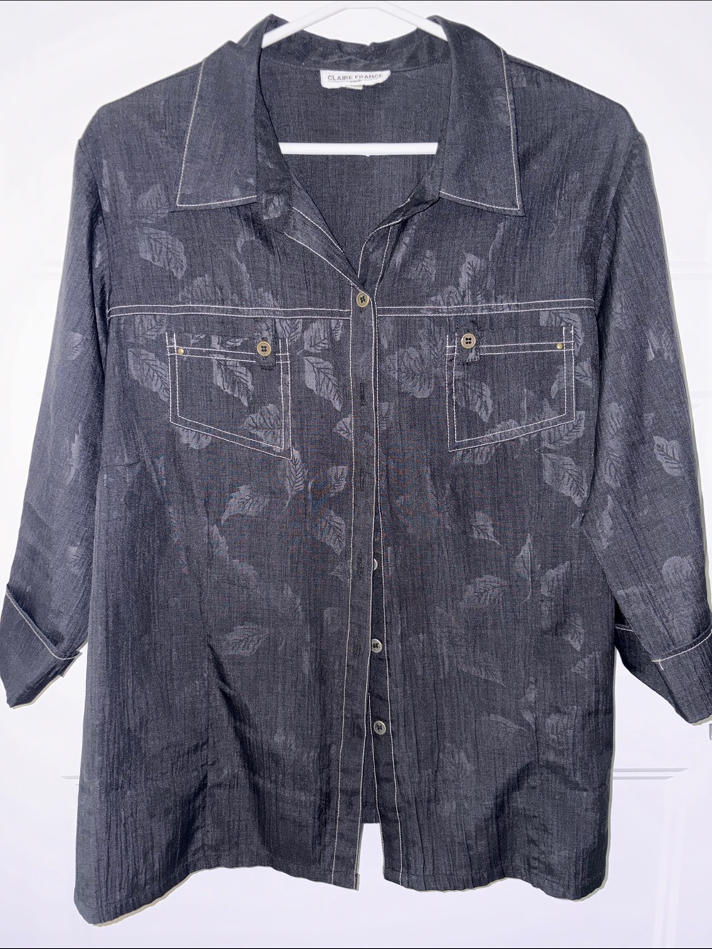 Claire France Mode Black Floral-Print Button Front Blouse 2X
